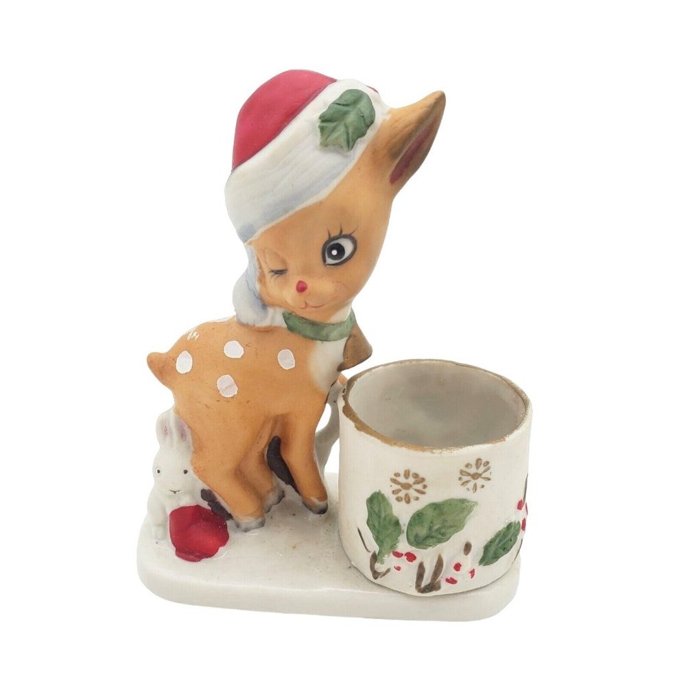 1978 Jasco Christmas Reindeer and Lego Santa Hat Birds Candle Holder Figurine‎